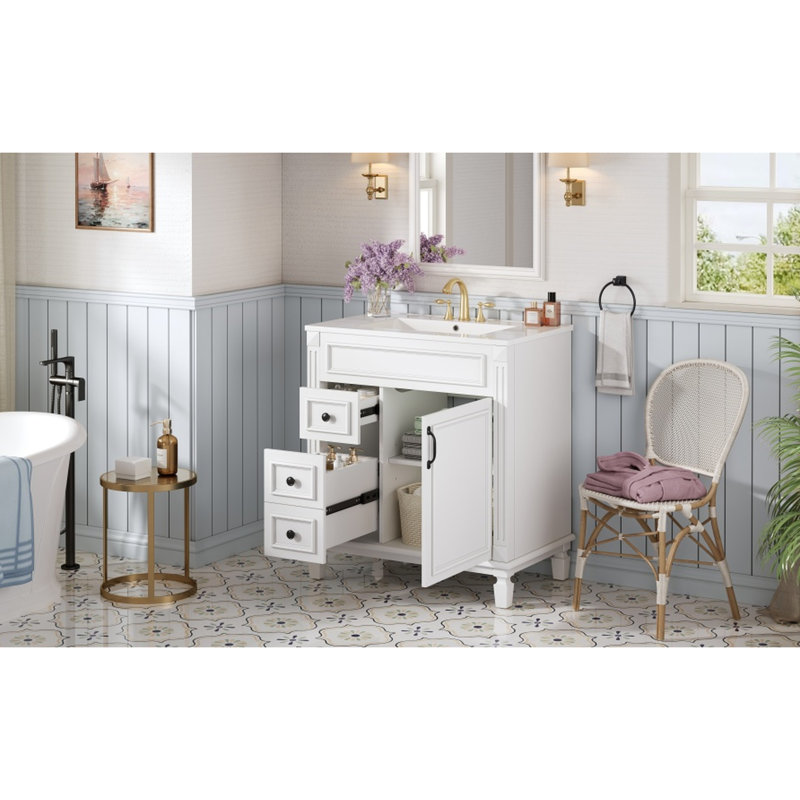 Meuble-lavabo de 30 pouces d'inspiration française avec lavabo en céramique de haute qualité, tiroirs coulissants et tiroirs réglables