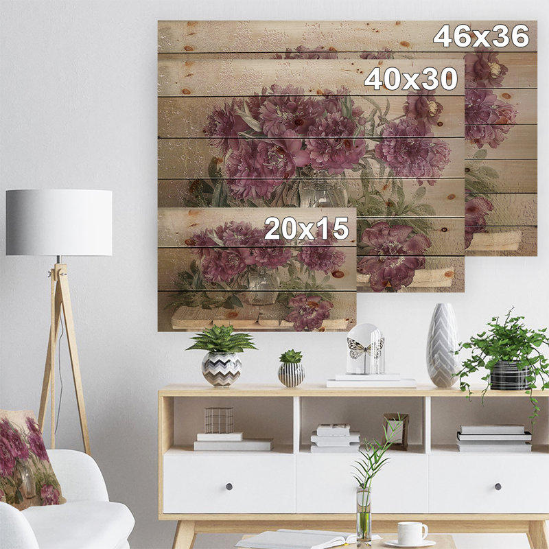 Bouquet de pivoines roses - impression, H 30 po x l 40 po x P 1,5 po, Bois