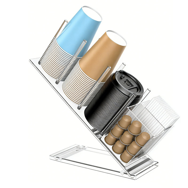 Acrylic Coffee Pod and Cup Organizer, Clear 4-Compartment Countertop Holder for Cups, Lids, Straws and Capsules, Adjustable 4-Level Rack