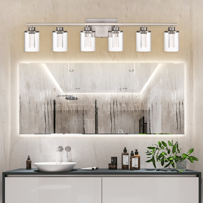 Luminaire de salle de bain 6 lumières pour salle de bain, abat-jour en verre transparent, bulle de cristal, lumière de meuble-lavabo à DEL à intensité variable. (Ampoules à DEL intégrées incluses)
