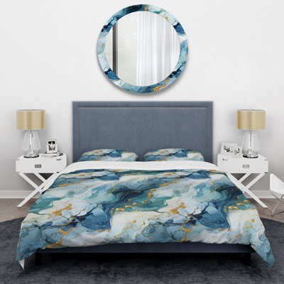 Blue White Oceanic Allure Marble Pattern I Polyester Marble Duvet Cover Set