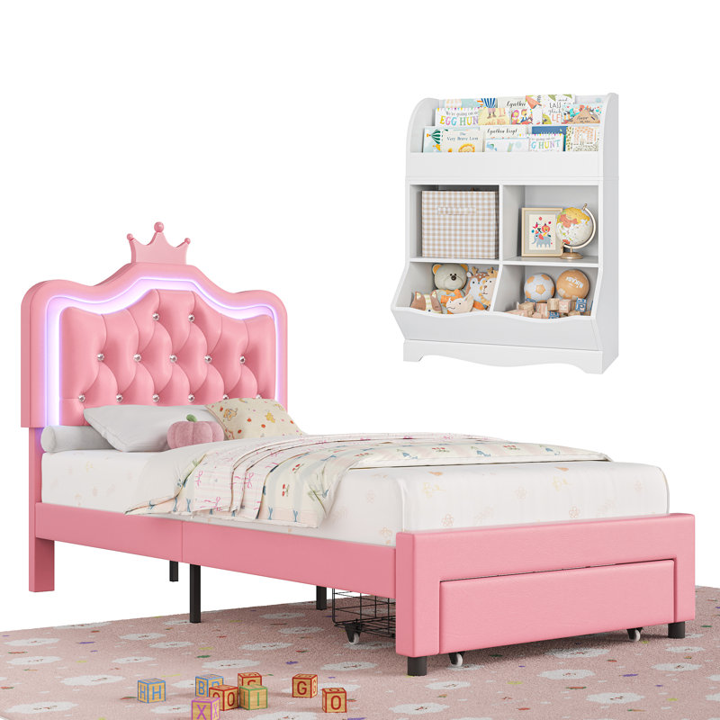 Ensemble de chambre d'enfant 2 pièces, lit rembourré en cuir avec tête de lit à DEL, lit avec bibliothèque, Lit simple