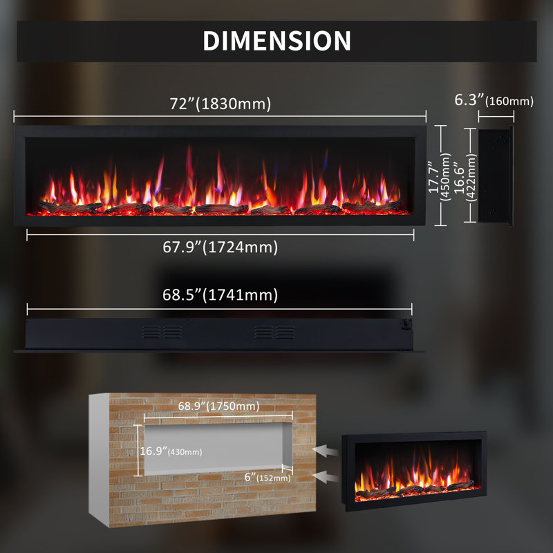 Lume 72" Smart Linear Electric Fireplace - Clean Hidden Vent Design, Flame With 9 Colors, Recessed In-wall Or Wall-mount Or Free Standing, Compatible With Alexa And Google Assistant, by Puraflame