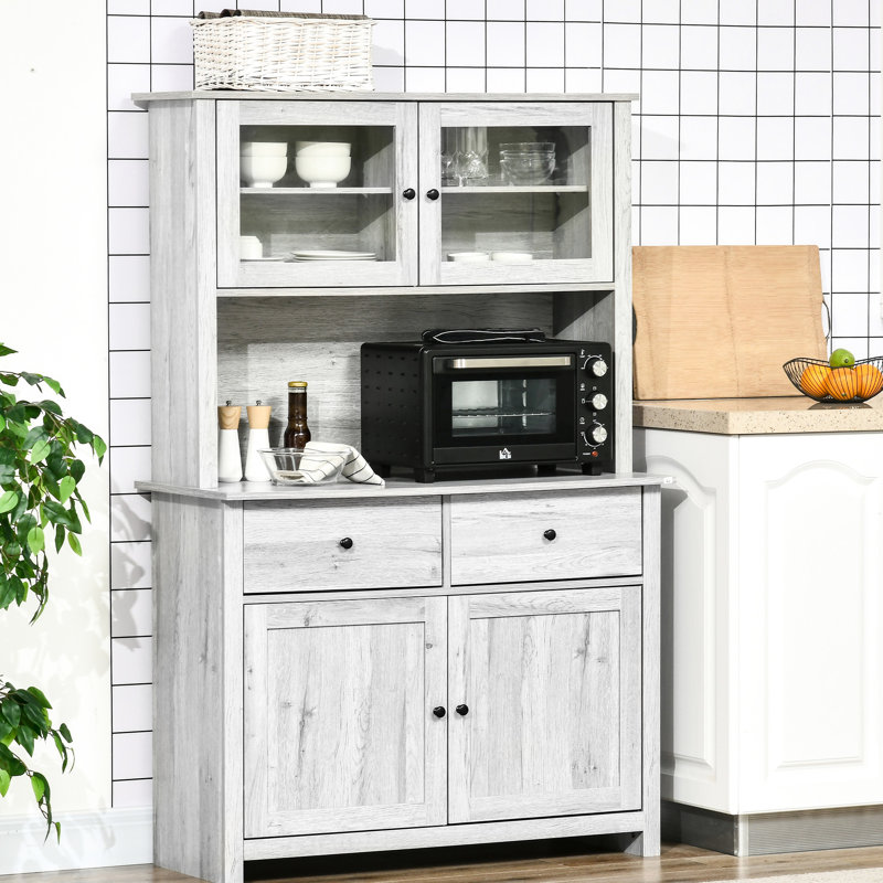 Rangement pour garde-manger de 63,5 po, armoire à 4 tablettes, 4 tiroirs, gris cendré, portes en verre, comptoir ouvert pour micro-ondes avec et espace, 4 tablettes, optimise l'organisation