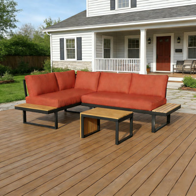 Hubhalsun Modern Outdoor Sectional Sofa Set with Teak Accents, L-Shaped Patio Conversation Set with Thick Cushions & Coffee Table, Weather-Resistant Metal Frame Patio Furniture for Backyard, Deck, Porch, Orange