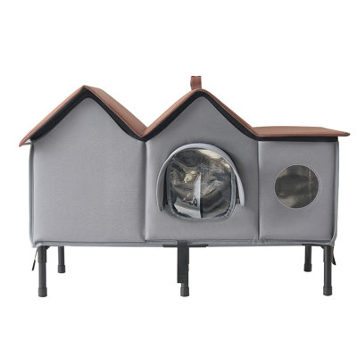 Niche surélevée et chauffée pour chat, abri isolé de 35 W avec coussin chauffant, pour une utilisation intérieure et extérieure en hiver, double porte et rideau latéral pour plus d'intimité, abri imperméable et résistant aux intempéries pour chats errants.