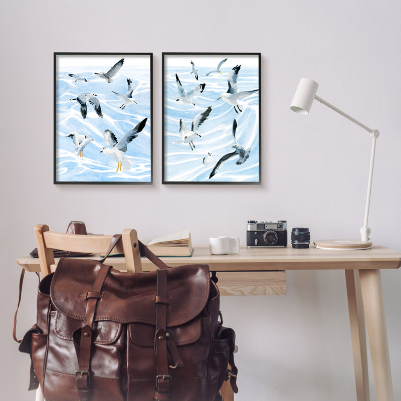 Mouettes en vol, vagues bleues océaniques, H 20 po x l 16 po, Giclée encadrée noir minuit