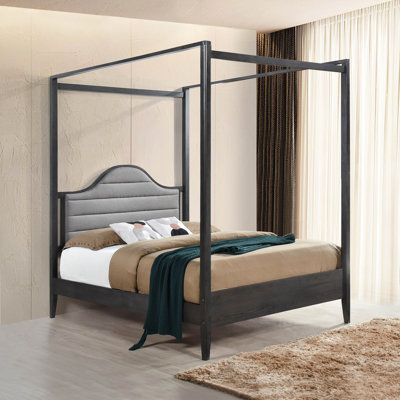 Canopy Queen Bed With Brown Upholstery Headboard, Wooden Bedroom Wares, Includes Rails And Size Upholstery, Furniture, Rails, Posts