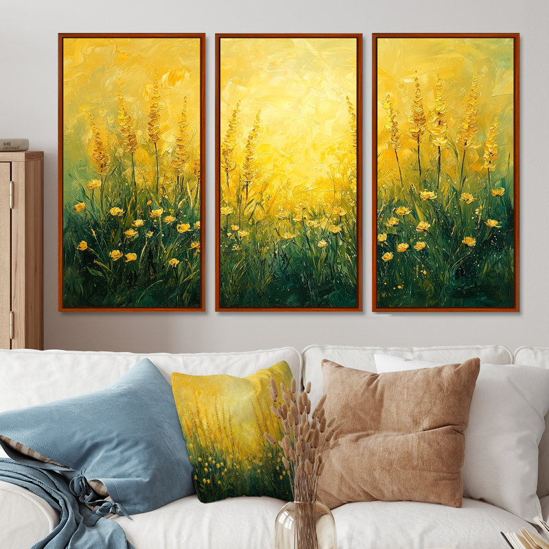 «Golden Wildflowers», 3 pièces, H 28 po x l 36 po, Impression encadrée sans passe-partout, Brun