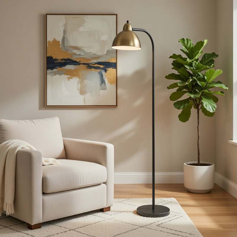 Lampe sur pied, dôme de style rétro, noir industriel et laiton antique