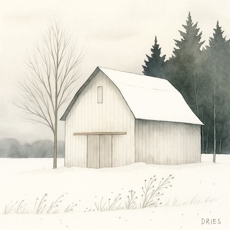 «Quiet Barn - Minimalist Winter Landscape Farmhouse», art mural, 40" H x 40" W