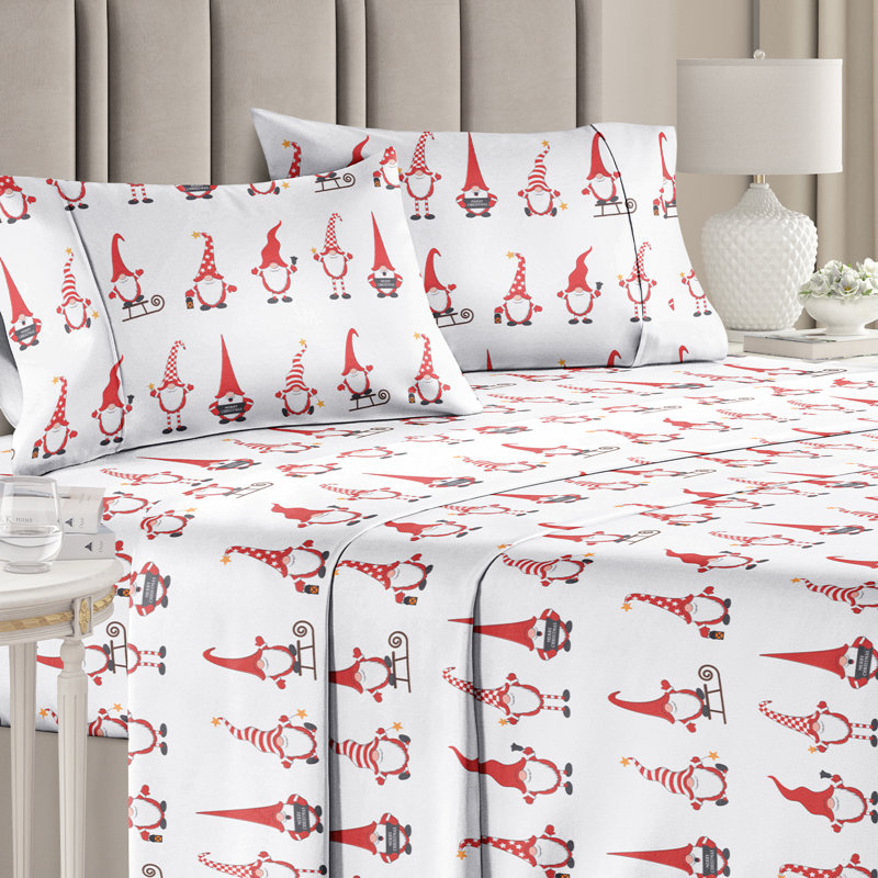 Christmas Sheet Set, Festive Holiday Bedding, Soft & Cozy, Wrinkle Free Bed Sheets, Gnome Red, King Sheet Set + 2 Pillowcases