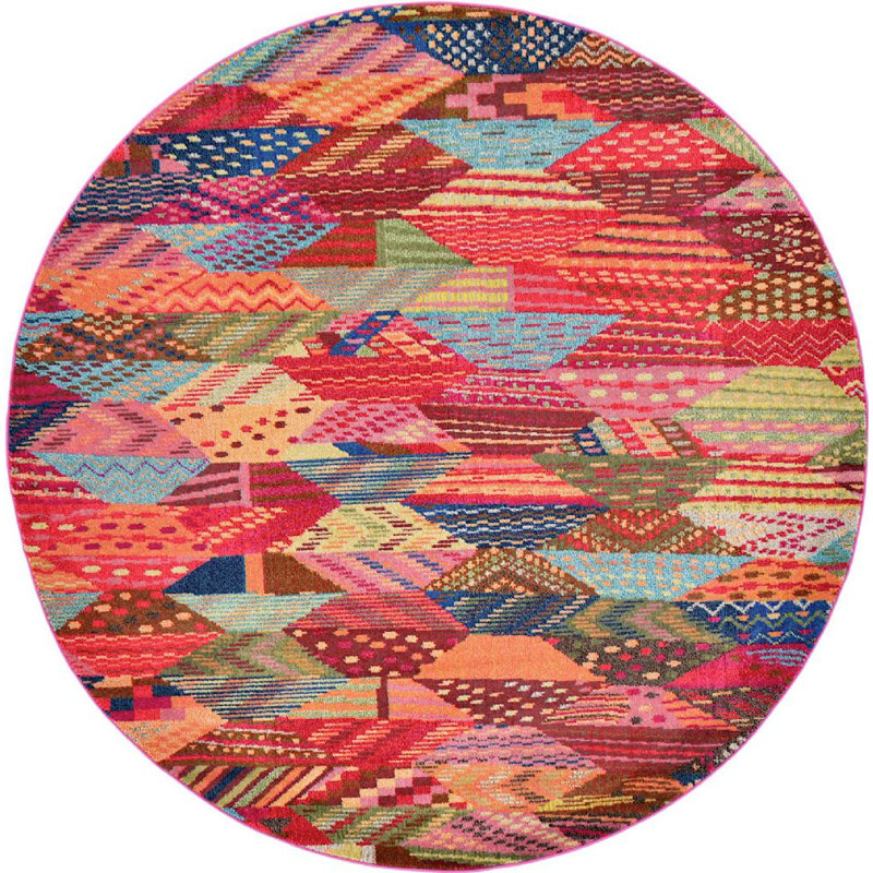 Tapis à motif géométrique rouge / bleu / jaune Sierra, Rond 3 pi 3 po