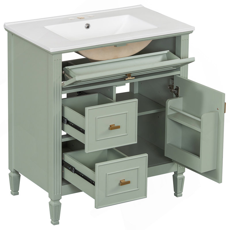 Meuble-lavabo de salle de bain avec lavabo, avec tiroir rabattable, tablette réglable, bois massif et panneau de fibres à densité moyenne, idéal pour la décoration de salle de bain moderne