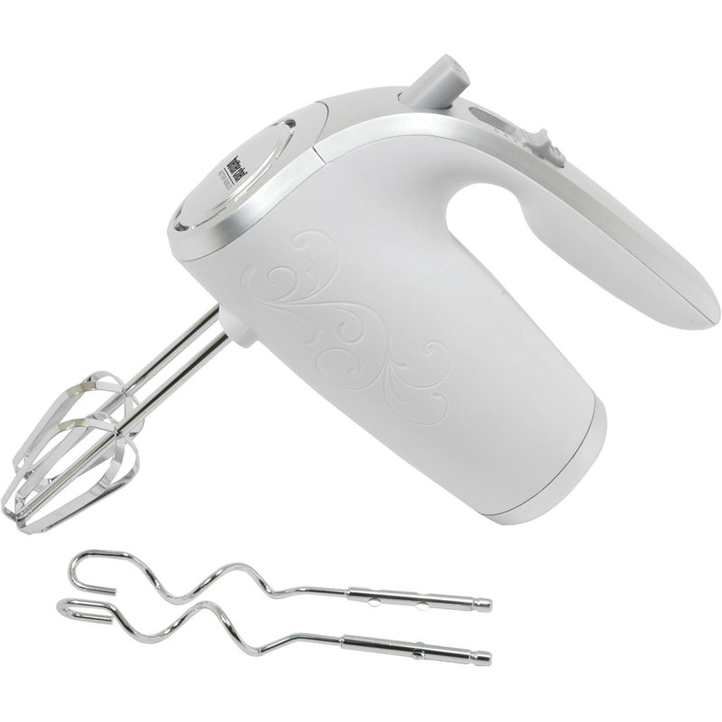 Batteur à main à 5 vitesses de 150 watts en blanc avec accents argentés Better Chef Better Beaters et crochets à pâte en acier inoxydable, poignée ergonomique