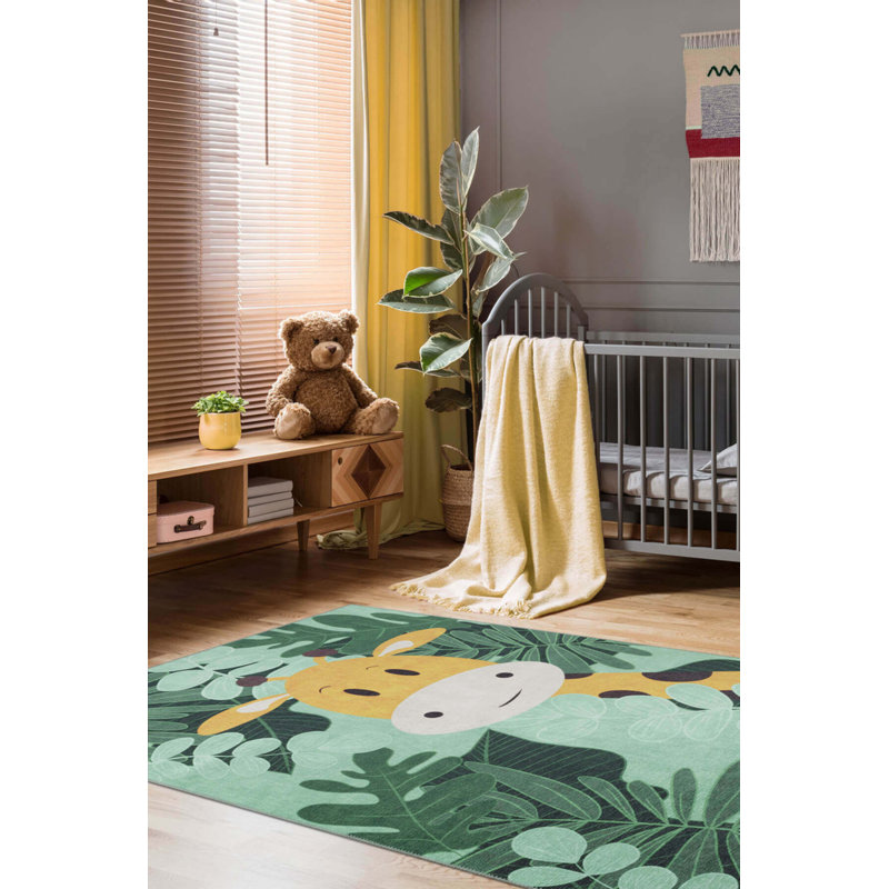 Tapis décoratif gris tissé à motif de licorne pour enfants, Carré 7 pi 7 po