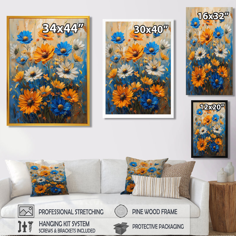 Fleurs jaunes et bleues rayonnantes dans une ferme II, Toile encadrée noire simple, H 20 po x l 12 po x P 1 po