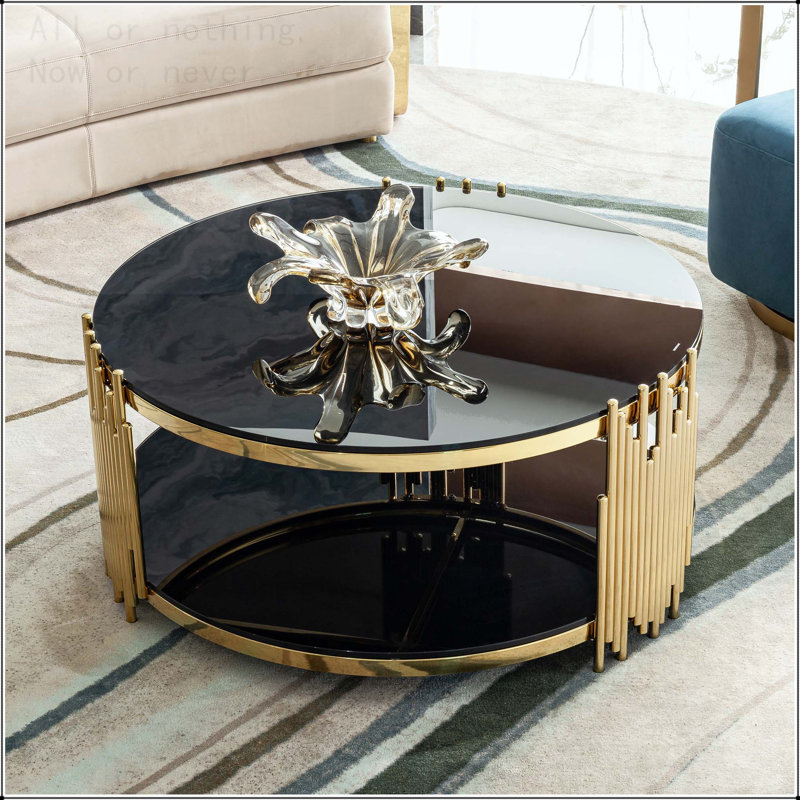 Table basse ronde de luxe avec verre trempé à 2 niveaux et cadre doré, L 31,5 po