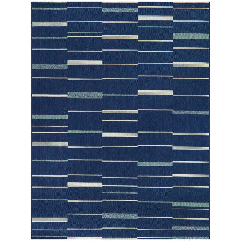 Tapis intérieur / extérieur bleu marine à rayures Hugo, Rectangle 7 pi 10 po x 10 pi
