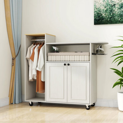 Chariot à repasser avec planche à repasser Armoire de rangement à repasser polyvalente avec roulettes et tablette ajustable Solution de repassage compacte pour la salle de lavage