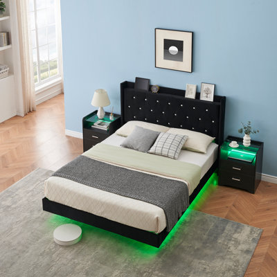 Bed Frame with LED Lights, Upholstered Headboard, Storage Shelves, Heavy Duty Metal Slats, No Box Spring Needed, Noise Free, Easy Assembly