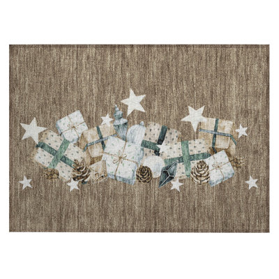 Machine Washable Indoor/Outdoor Christmas Presents Xhevrie Brown Rug