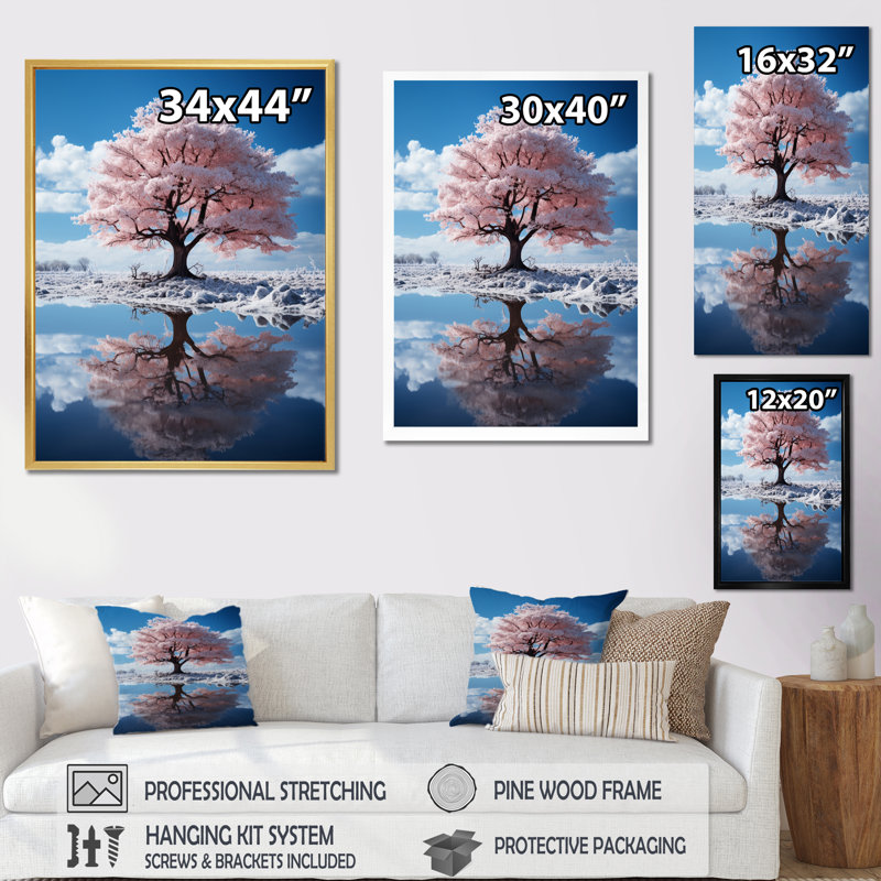 Dariush " Pink Tree Whimsical Reflections ", H 40 po x l 30 po x P 1,5 po, Cadre flottant noir