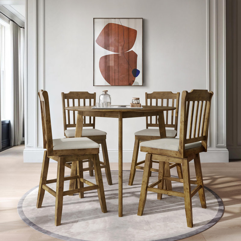 5-Piece Round Counter-Height Dining Set with Upholstered Swivel Chairs, Brown, Brown