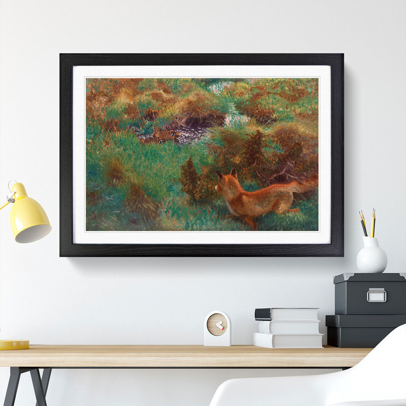 Fox Stalking Wild Ducks by Bruno Liljefors - Picture Frame Painting, 48cm H x 65cm W x 2cm D, Black Framed