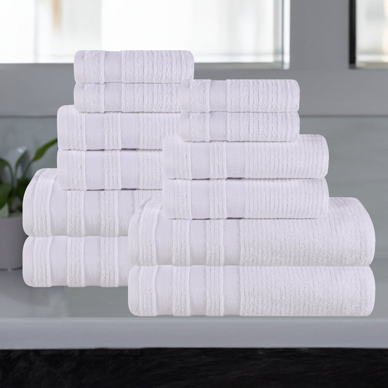 Ensemble de 12 serviettes de bain en coton côtelé zéro torsion avec bordure géométrique, White
