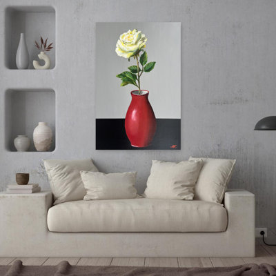 Rose blanche dans un vase rouge abstrait contemporain