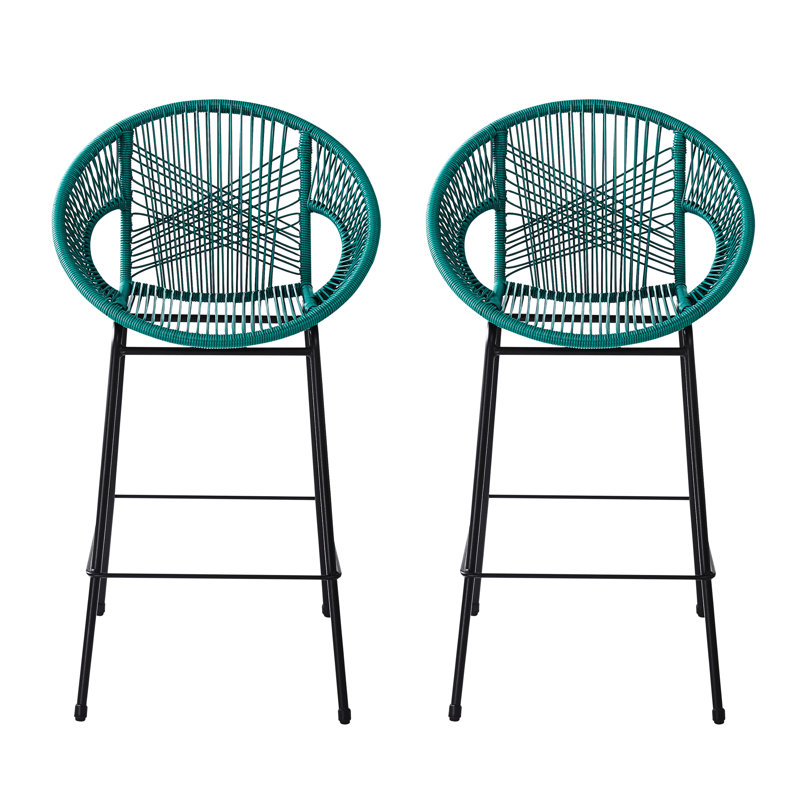 Ensemble de 2 tabourets de bar bleu sarcelle, en polyéthylène, sièges ergonomiques et confortables, motif tissé raffiné, pour l'intérieur et l'extérieur, esthétique soignée.