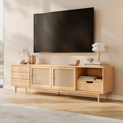 Meuble télé 78 po en bois massif avec portes en rotin pour téléviseur de 85 po ou moins