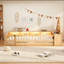Lit simple au sol en bois avec garde-corps, tête de lit en forme de maison, armoires de rangement, DEL, port USB et prises de courant, naturel-1537115884