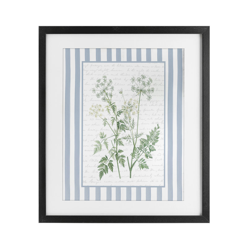 «Wild Herbs on Blue Stripes», reproduction encadrée sous verre encadrée de lettres et de lignes, Cadre noir minuit