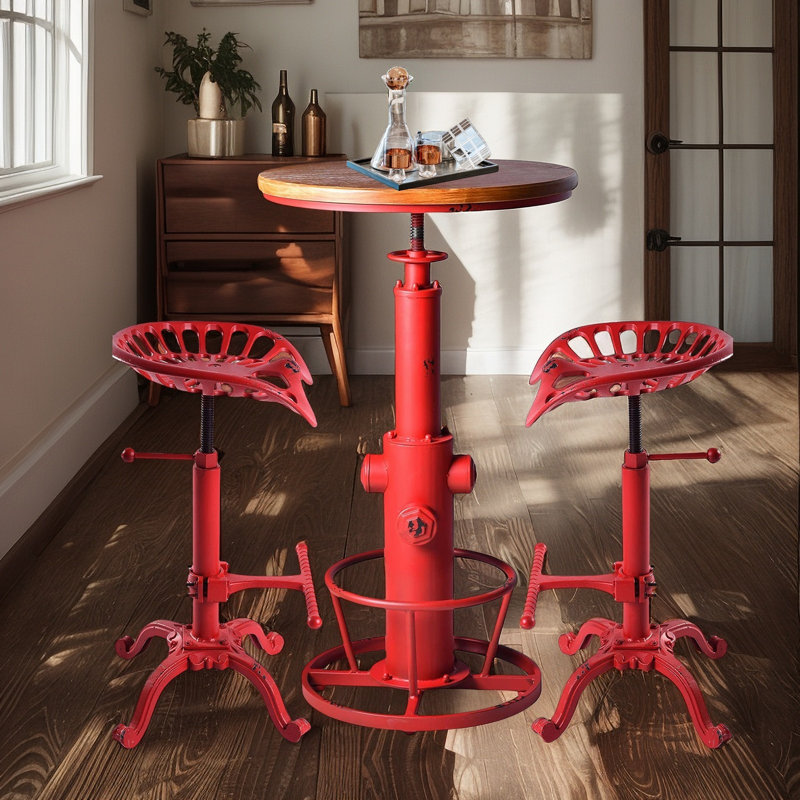 Industrial Bar Table 38.6"-44.5" Height Adjustable Swivel Round Wood Tabletop 23.6" Dia, Kitchen Dining Office Coffee Bistro Pub Table