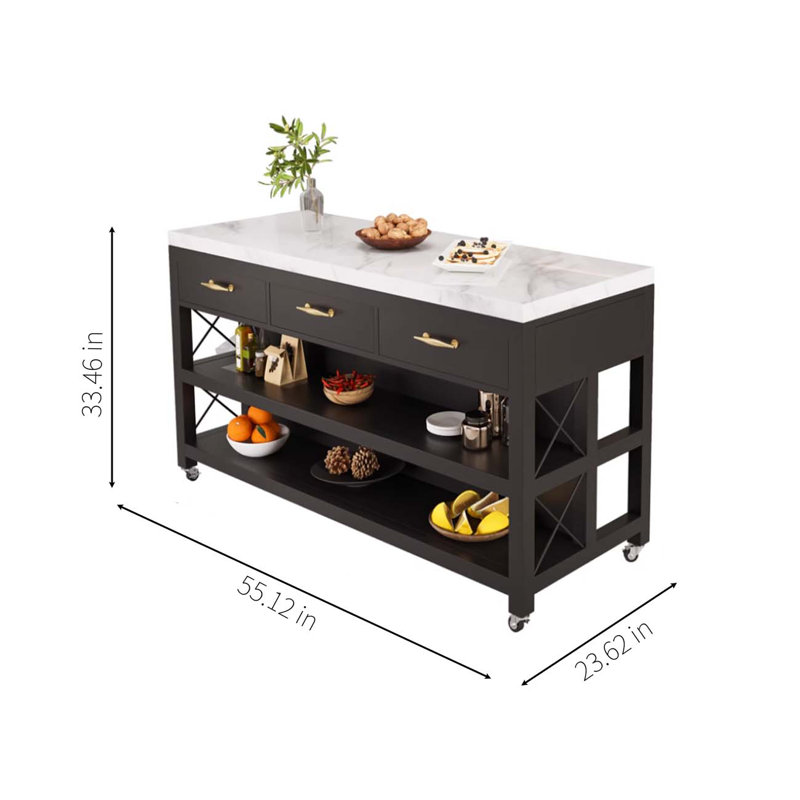 Îlot de marbre mobile, comptoir à base en métal