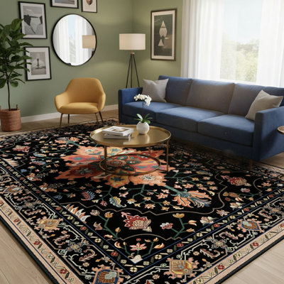 Dark Brown 8X10 Ft Vintage Distressed Printed Rug, Black With Colourful Floral Pattern, Washable, Non-Slip, And Durable Living Room Rug.