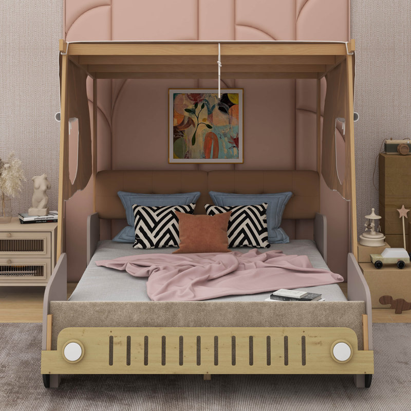 Wood Car Bed with Pillow, Ceiling Cloth, Full