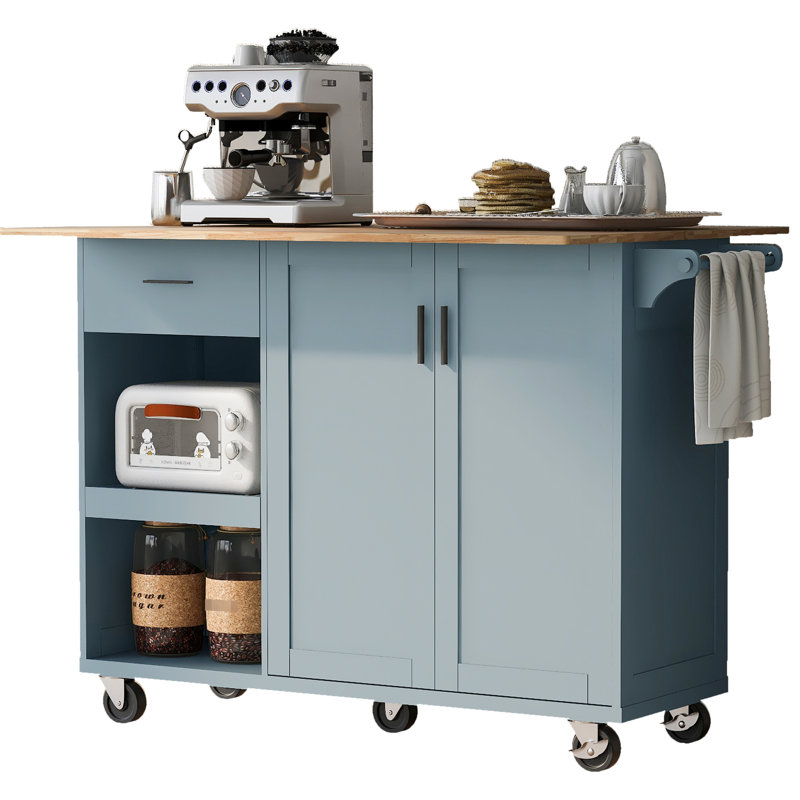 Grey Blue Rolling Kitchen Island With Storage. Soft-Close Hinges. 5*360 Rotation Wheels. Convenient Design Foldable Lockable Wheels And Shelf,