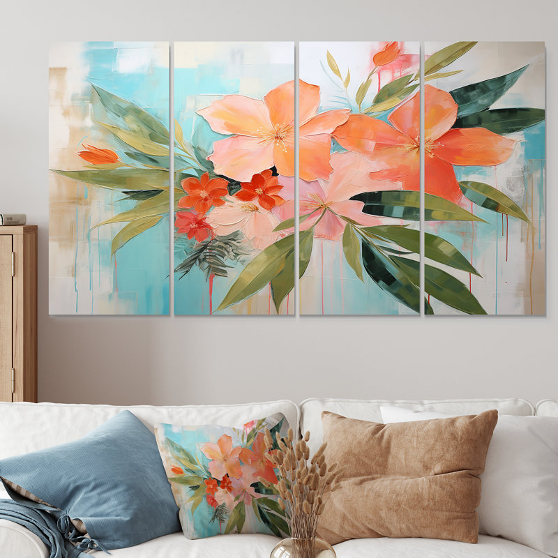 Ensemble de 4 décorations murales modernes roses et vertes - Collages abstraits, H 28 po x l 48 po