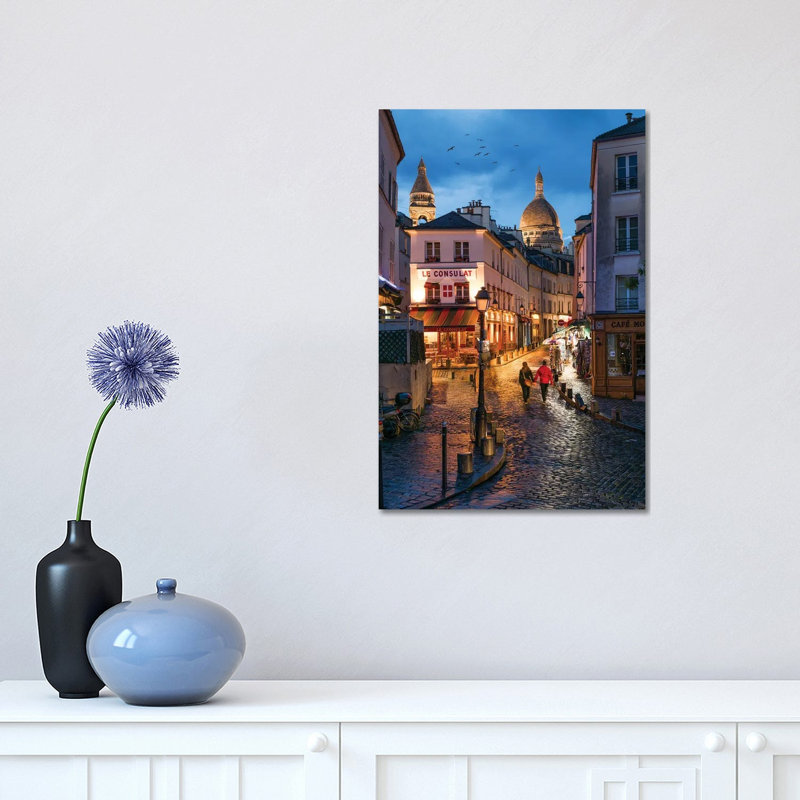 Streets Of Montmartre At Night With Sacré-Cœur Basilica In The Background, Paris, France by Jan Becke - Wrapped Canvas Gallery-Wrapped Canvas Giclée