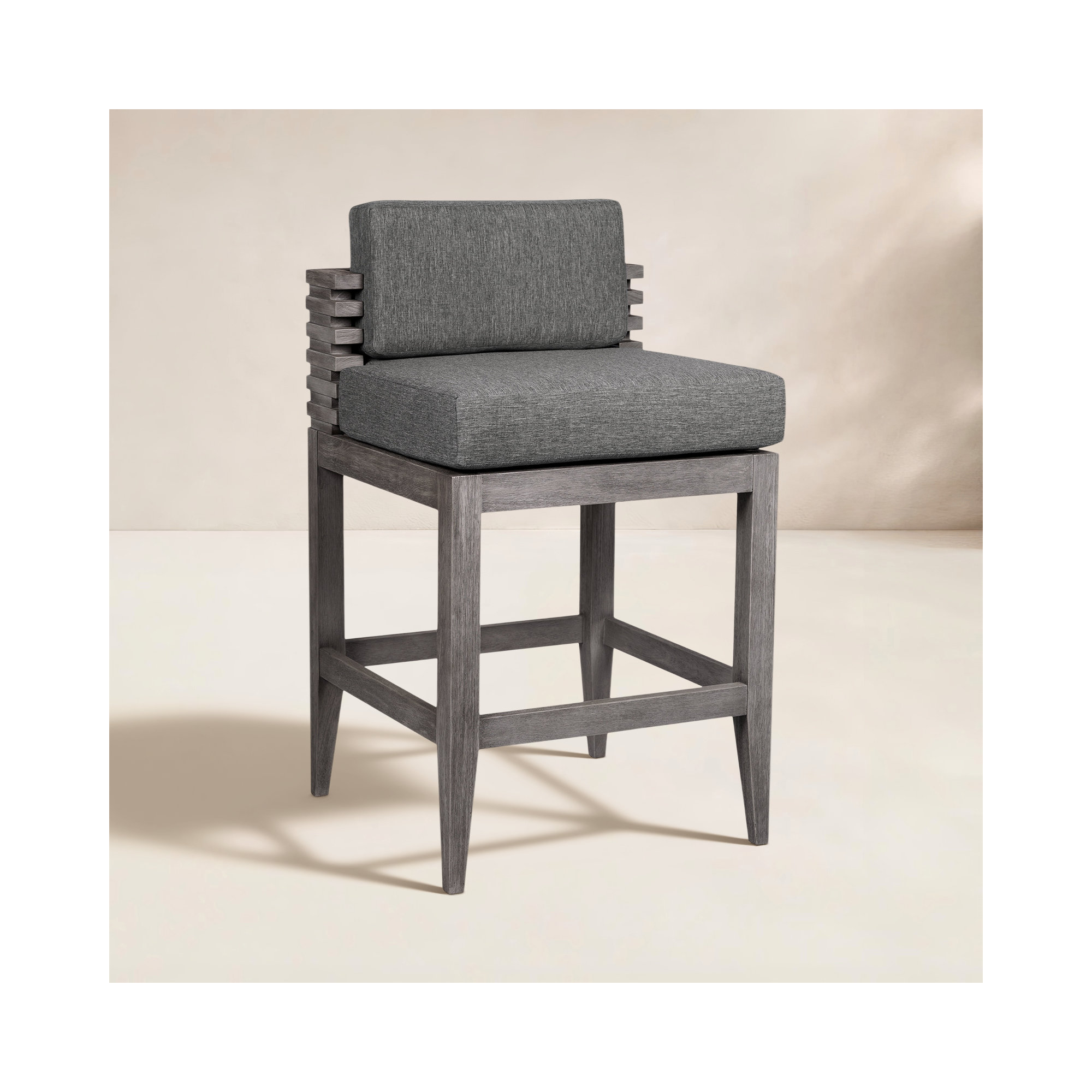 Aerilyn Wood Outdoor Bar Stool with Cushion, 30" H, Grey Performance, Light Gray