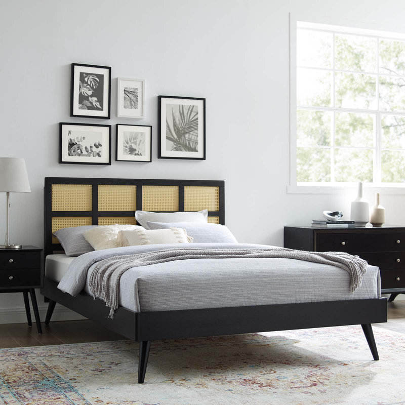 Modway Sidney Cane and Wood Platform Bed with Splayed Legs, Full/Double, Walnut