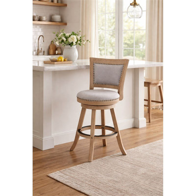 Pemberly Row Grey Fabric Nailhead Swivel Counter Stool in Driftwood