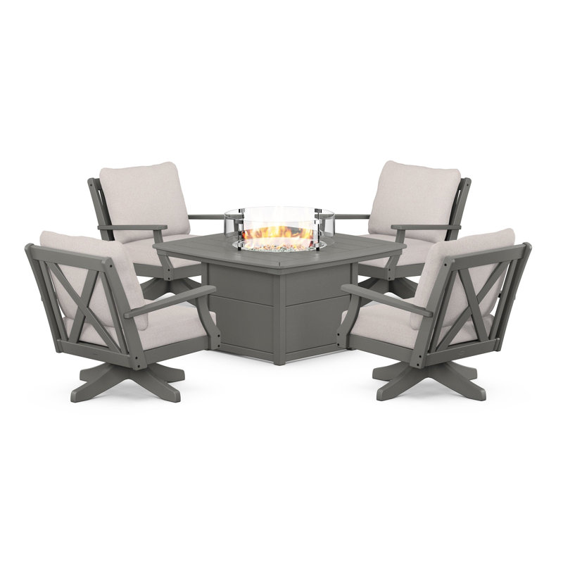 Braxton 5-Piece Deep Seating Swivel Conversation Set with Fire Pit Table, Mahogany, Weathered Tweed