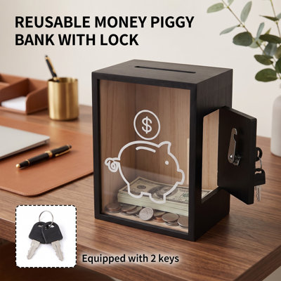 Boîte à suggestions de dons en bois noir avec serrure, fenêtre transparente en acrylique, boîte à monnaie sécurisée pour la collecte de fonds à domicile, au bureau et pour les organismes de bienfaisance