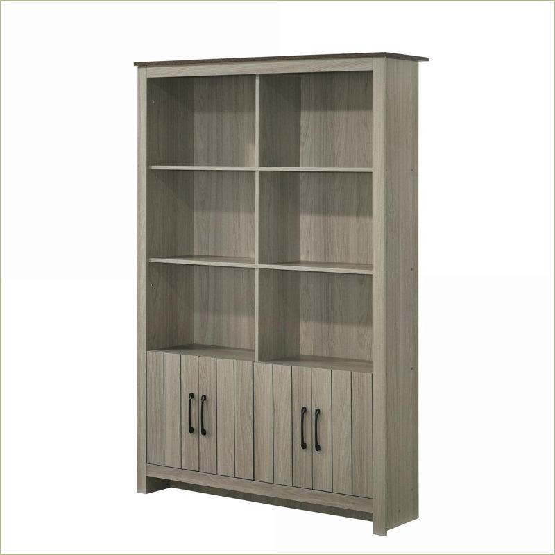 Bibliothèque, l 47 po élégant chêne gris contemporain avec 4 armoires et 6 tablettes | Bois d'ingénierie | Chêne