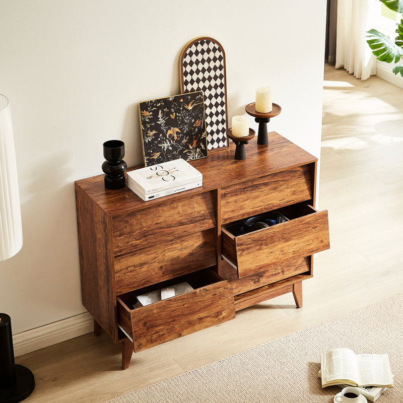Commode double 6 tiroirs avec design biseauté et rétro, brun, l 47,3 po x P 13,5 po, commode pour la chambre à coucher, commode