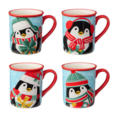Ensemble de 4 tasses à café de Noël en forme de pingouins de Noël de 18 oz avec des pingouins mignons en tenue d'hiver, des tasses de cacao ou de thé chaudes, un cadeau de Noël pour le bar à cacao